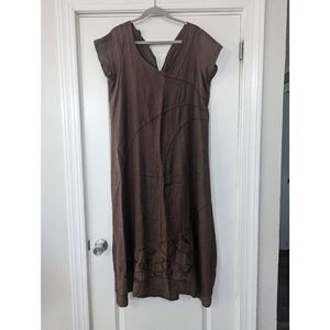 Working Overtime Linen Dress women's brown embroidery stitching midi lagenlook